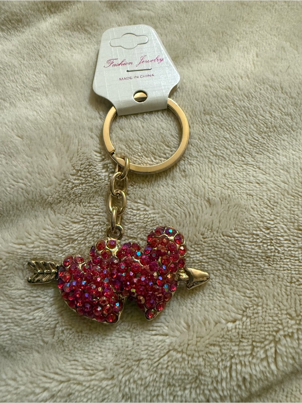Fashion Jewelry Gold-Tone Keychain with Pink Crystal Double-Heart and Arrow